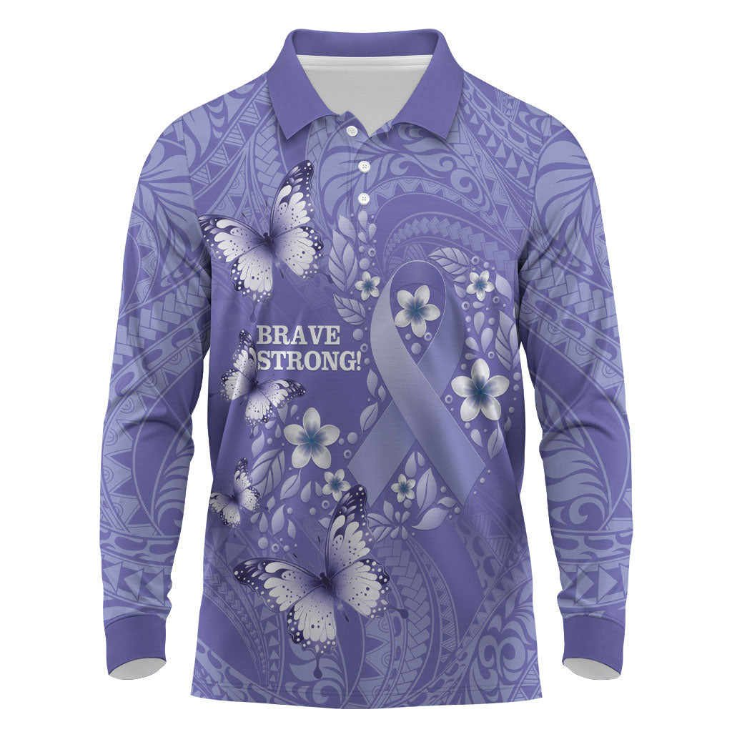 Polynesia Stomach Cancer Support Long Sleeve Polo Shirt Periwinkle Ribbon Brave Strong