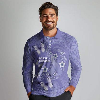 Polynesia Stomach Cancer Support Long Sleeve Polo Shirt Periwinkle Ribbon Brave Strong