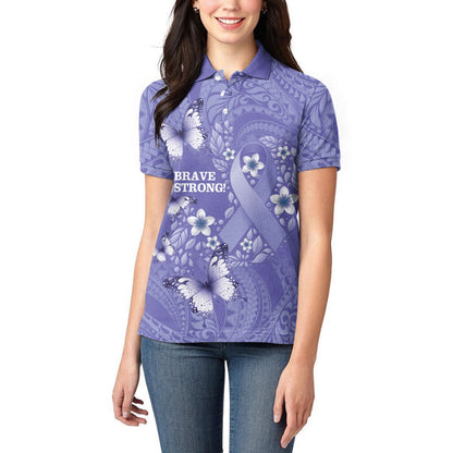 Polynesia Stomach Cancer Support Women Polo Shirt Periwinkle Ribbon Brave Strong