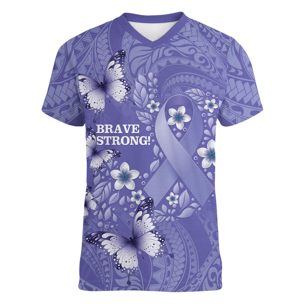 Polynesia Stomach Cancer Support Women V-Neck T-Shirt Periwinkle Ribbon Brave Strong