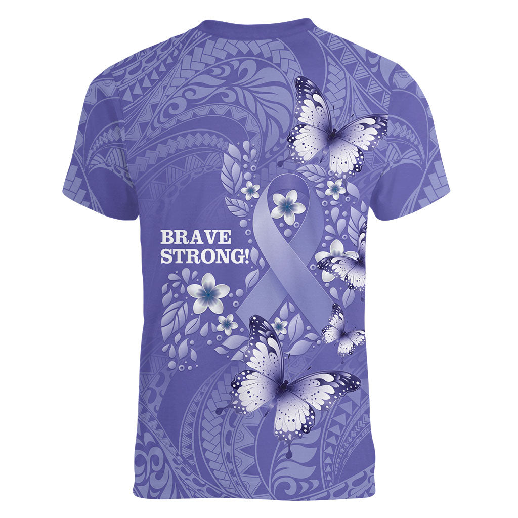 Polynesia Stomach Cancer Support Women V-Neck T-Shirt Periwinkle Ribbon Brave Strong