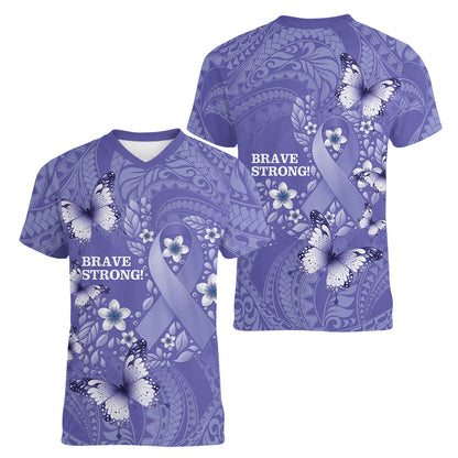 Polynesia Stomach Cancer Support Women V-Neck T-Shirt Periwinkle Ribbon Brave Strong
