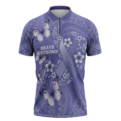 Polynesia Stomach Cancer Support Zipper Polo Shirt Periwinkle Ribbon Brave Strong