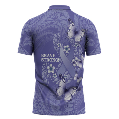 Polynesia Stomach Cancer Support Zipper Polo Shirt Periwinkle Ribbon Brave Strong