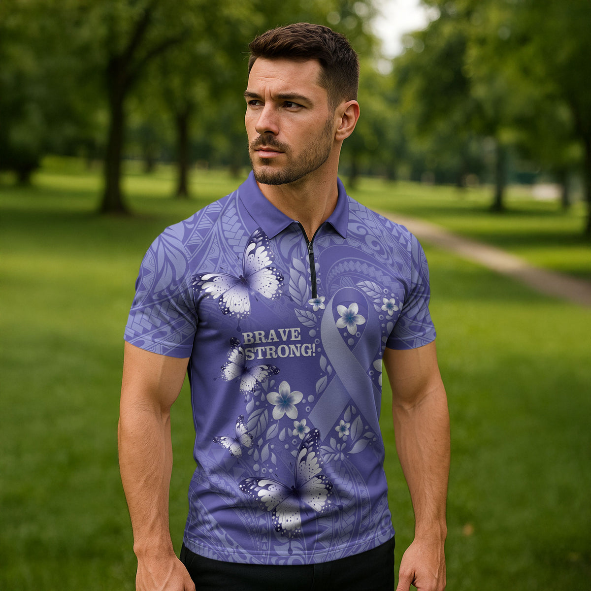 Polynesia Stomach Cancer Support Zipper Polo Shirt Periwinkle Ribbon Brave Strong