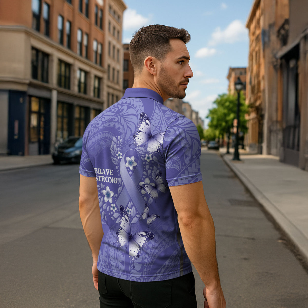 Polynesia Stomach Cancer Support Zipper Polo Shirt Periwinkle Ribbon Brave Strong