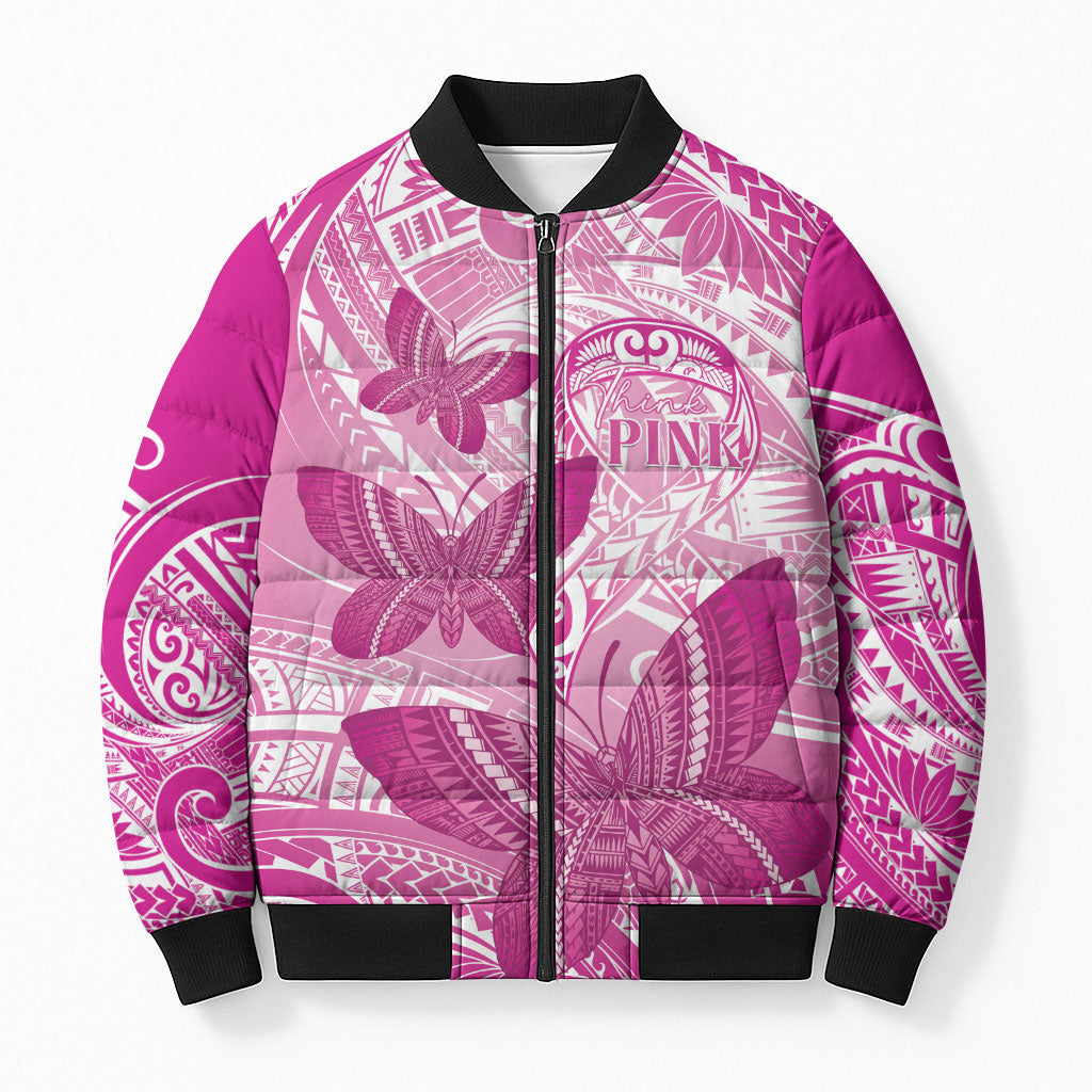 Personalised Polynesia Breast Cancer Support Bomber Puffer Jacket Think Pink Ribbon Polynesian Butterflies