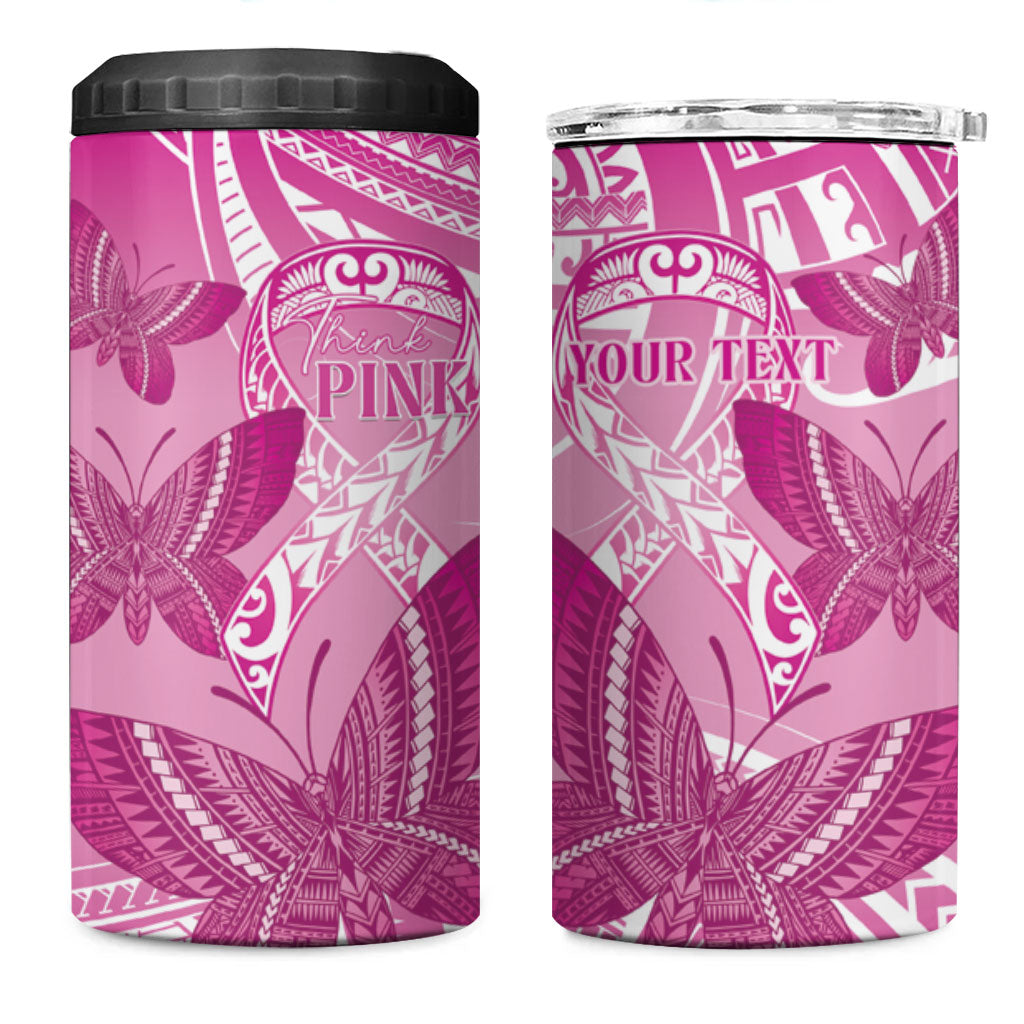 Personalised Polynesia Breast Cancer Support 4 in 1 Can Cooler Tumbler Think Pink Ribbon Polynesian Butterflies