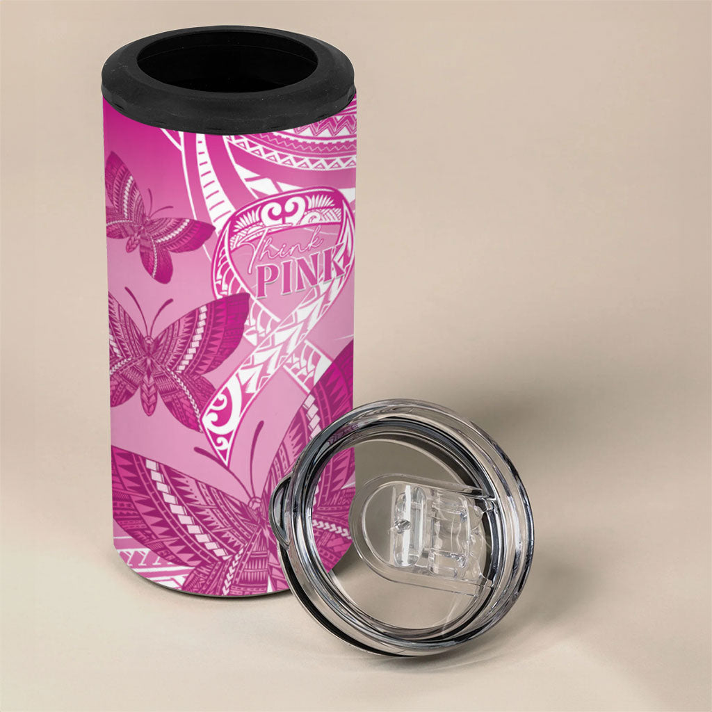 Personalised Polynesia Breast Cancer Support 4 in 1 Can Cooler Tumbler Think Pink Ribbon Polynesian Butterflies