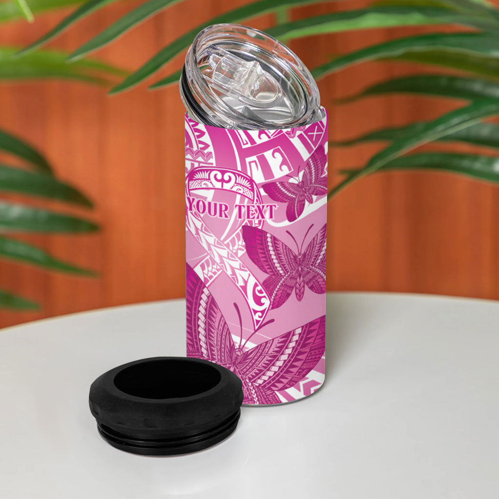 Personalised Polynesia Breast Cancer Support 4 in 1 Can Cooler Tumbler Think Pink Ribbon Polynesian Butterflies