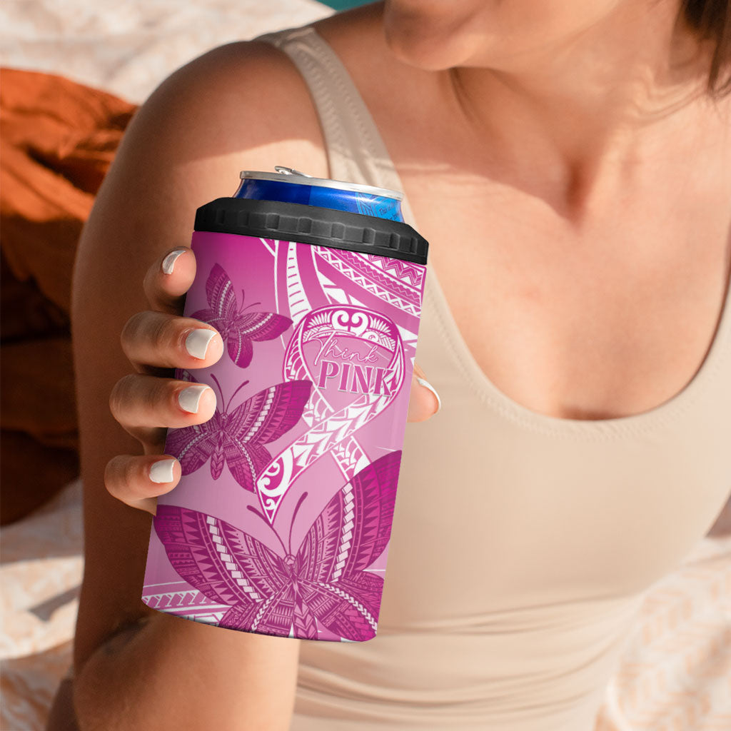 Personalised Polynesia Breast Cancer Support 4 in 1 Can Cooler Tumbler Think Pink Ribbon Polynesian Butterflies