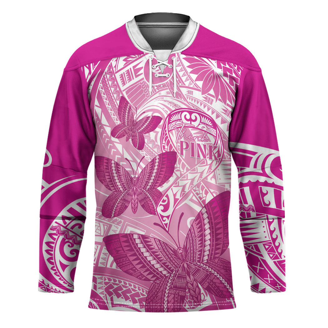 Personalised Polynesia Breast Cancer Support Hockey Jersey Think Pink Ribbon Polynesian Butterflies