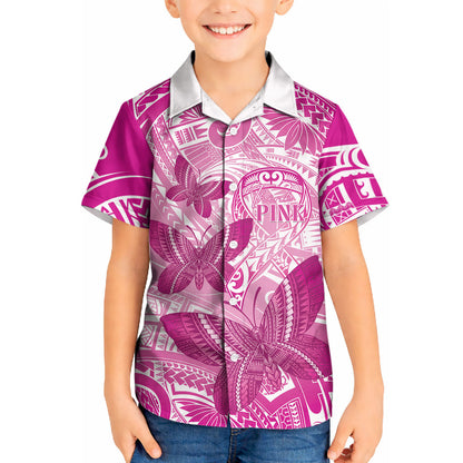 Personalised Polynesia Breast Cancer Support Kid Hawaiian Shirt Think Pink Ribbon Polynesian Butterflies