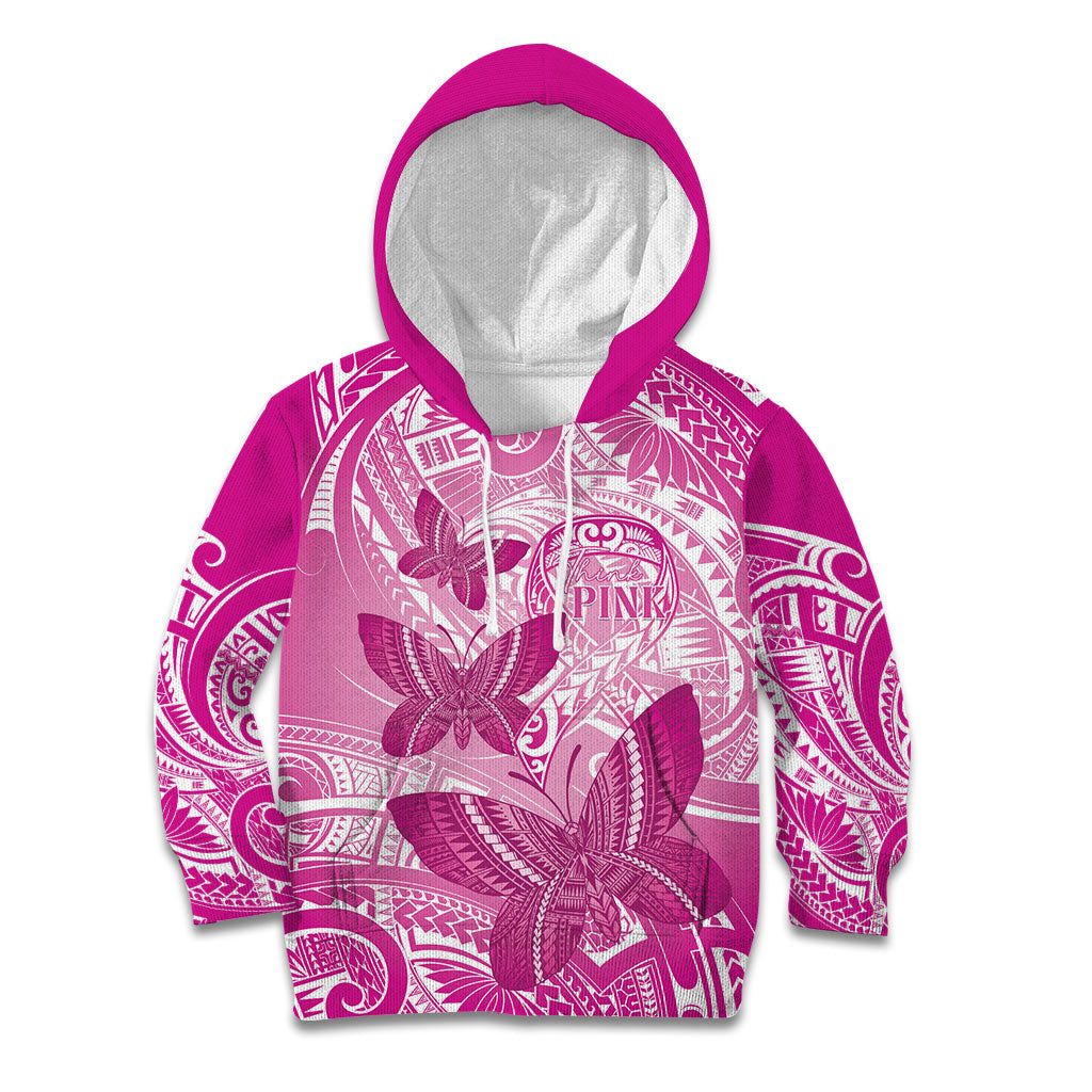 Personalised Polynesia Breast Cancer Support Kid Hoodie Think Pink Ribbon Polynesian Butterflies