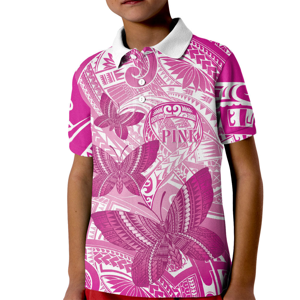 Personalised Polynesia Breast Cancer Support Kid Polo Shirt Think Pink Ribbon Polynesian Butterflies