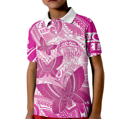 Personalised Polynesia Breast Cancer Support Kid Polo Shirt Think Pink Ribbon Polynesian Butterflies