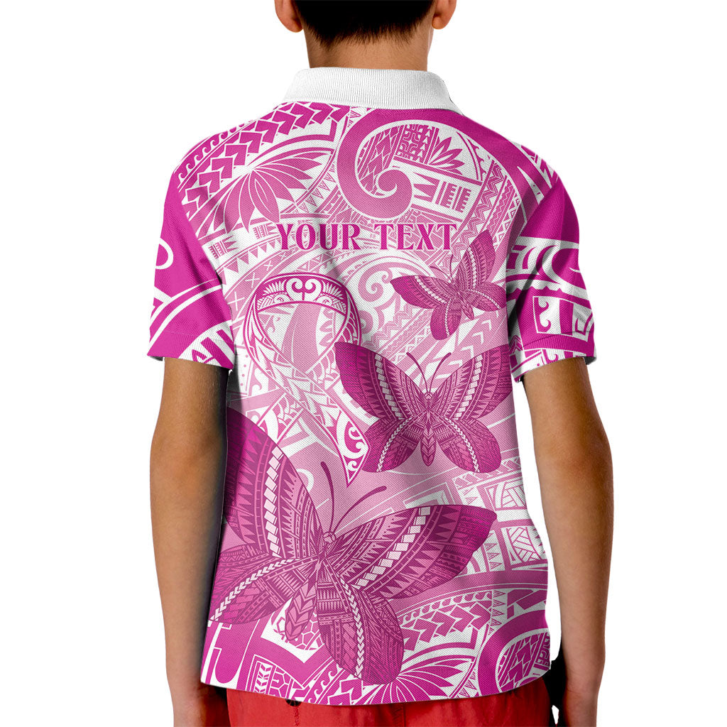 Personalised Polynesia Breast Cancer Support Kid Polo Shirt Think Pink Ribbon Polynesian Butterflies