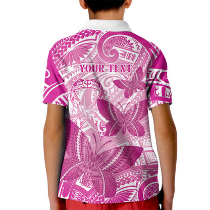 Personalised Polynesia Breast Cancer Support Kid Polo Shirt Think Pink Ribbon Polynesian Butterflies