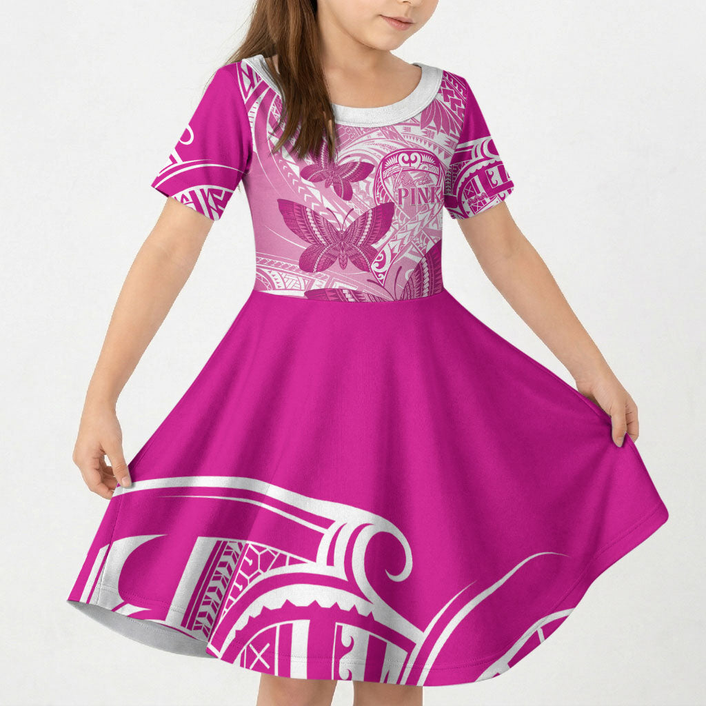 Personalised Polynesia Breast Cancer Support Kid Short Sleeve Dress Think Pink Ribbon Polynesian Butterflies