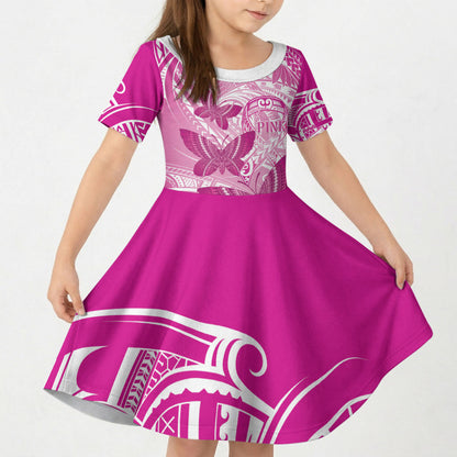 Personalised Polynesia Breast Cancer Support Kid Short Sleeve Dress Think Pink Ribbon Polynesian Butterflies