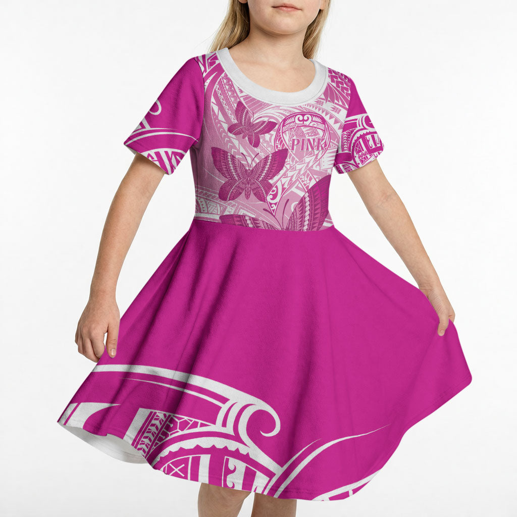 Personalised Polynesia Breast Cancer Support Kid Short Sleeve Dress Think Pink Ribbon Polynesian Butterflies