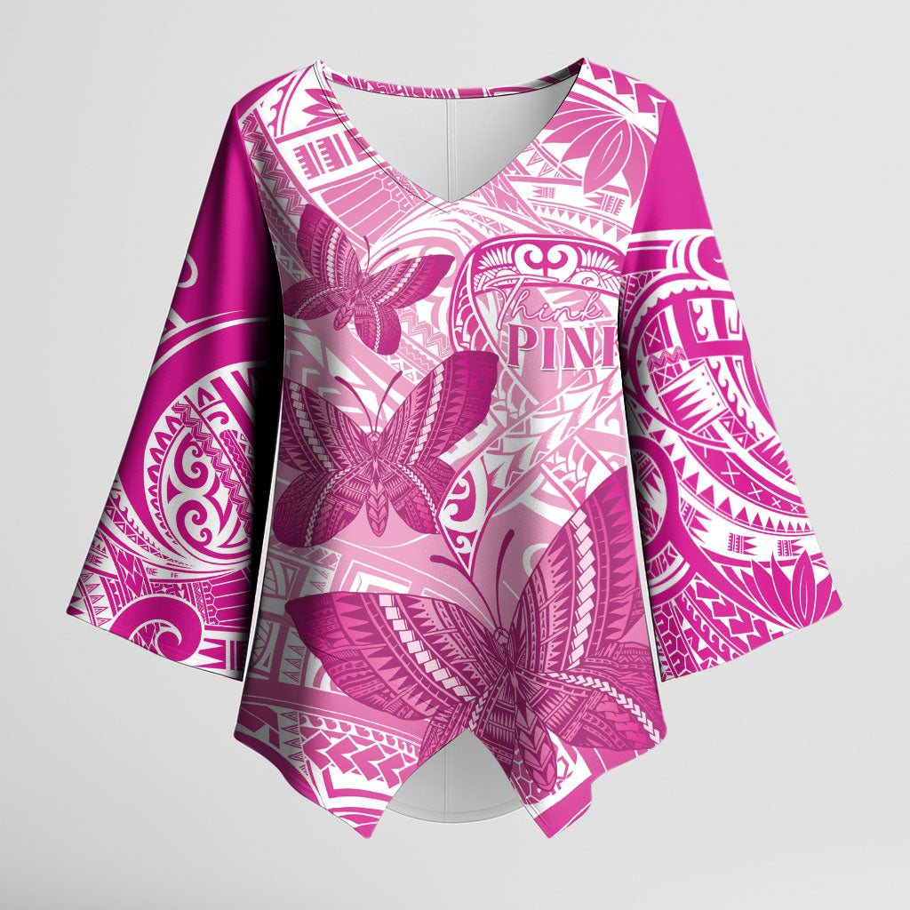 Personalised Polynesia Breast Cancer Support Kimono Sleeve Blouse Think Pink Ribbon Polynesian Butterflies