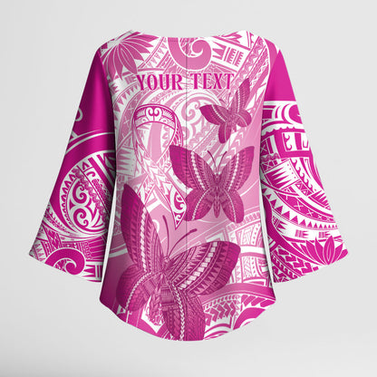 Personalised Polynesia Breast Cancer Support Kimono Sleeve Blouse Think Pink Ribbon Polynesian Butterflies