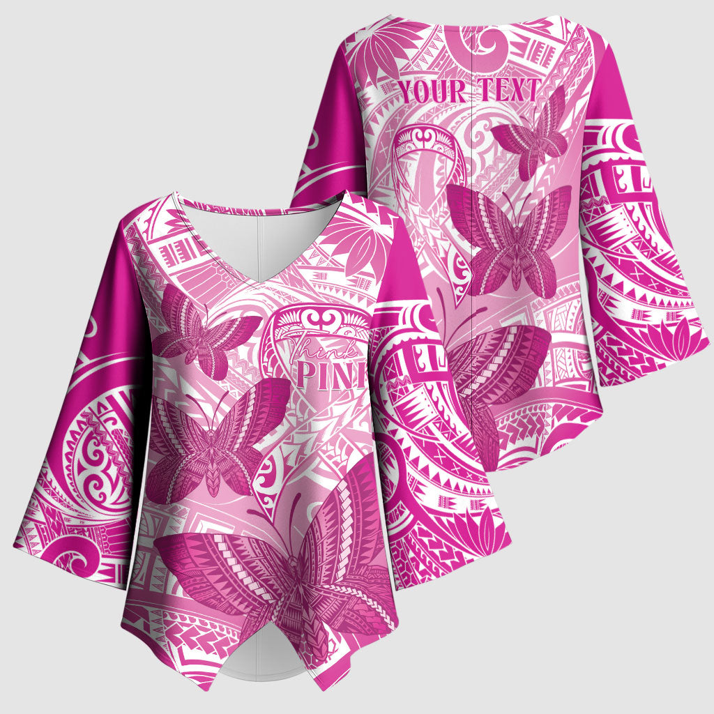 Personalised Polynesia Breast Cancer Support Kimono Sleeve Blouse Think Pink Ribbon Polynesian Butterflies