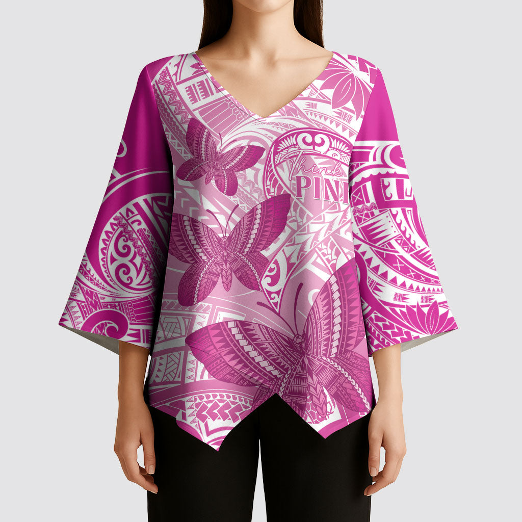 Personalised Polynesia Breast Cancer Support Kimono Sleeve Blouse Think Pink Ribbon Polynesian Butterflies