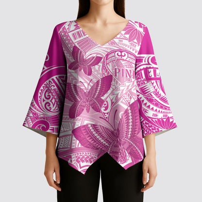 Personalised Polynesia Breast Cancer Support Kimono Sleeve Blouse Think Pink Ribbon Polynesian Butterflies