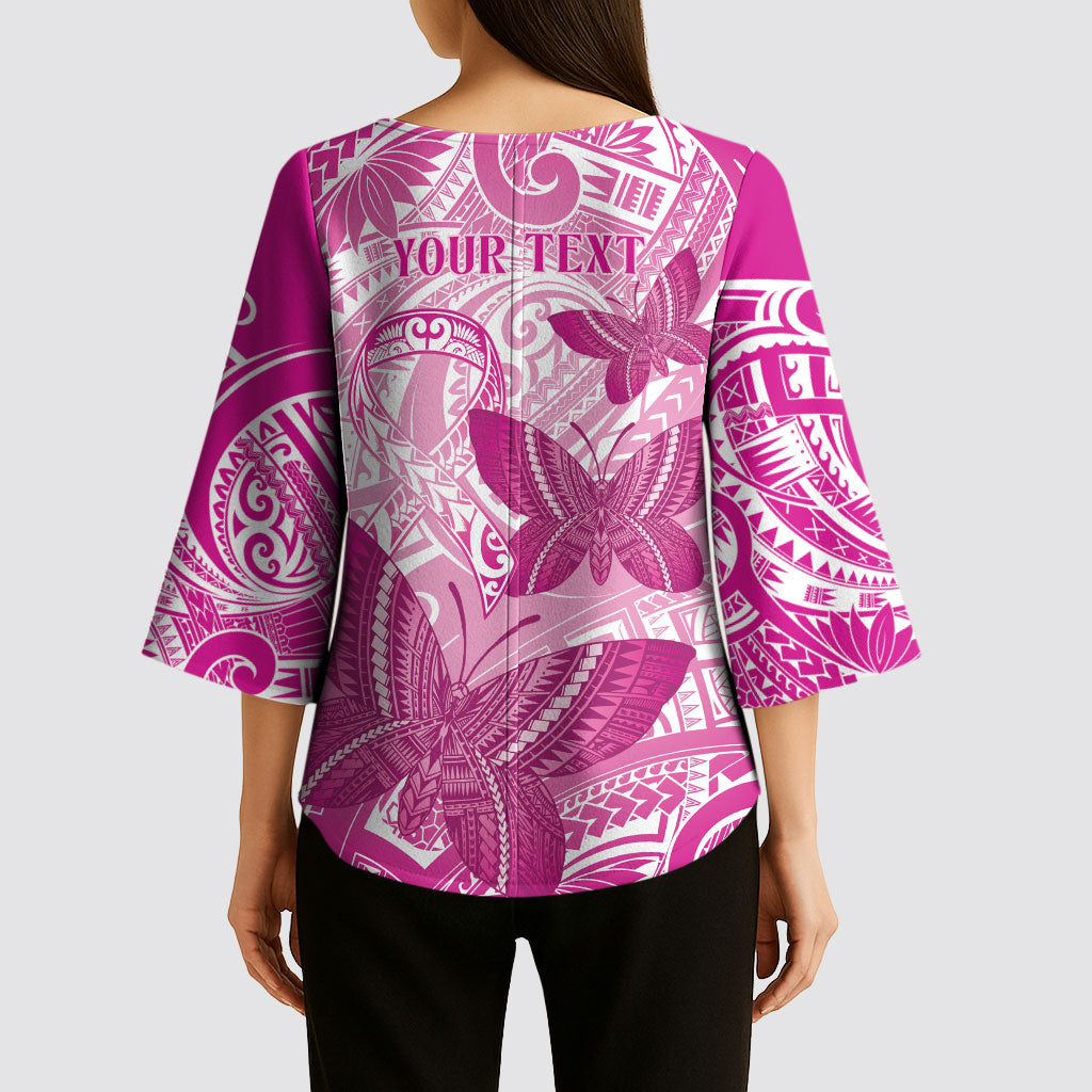 Personalised Polynesia Breast Cancer Support Kimono Sleeve Blouse Think Pink Ribbon Polynesian Butterflies