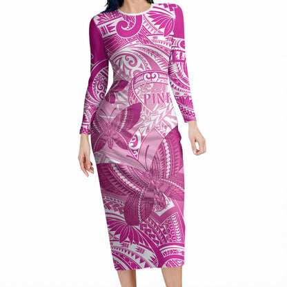 Personalised Polynesia Breast Cancer Support Long Sleeve Bodycon Dress Think Pink Ribbon Polynesian Butterflies