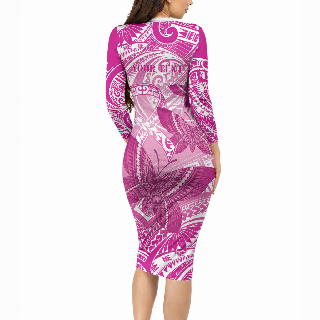 Personalised Polynesia Breast Cancer Support Long Sleeve Bodycon Dress Think Pink Ribbon Polynesian Butterflies