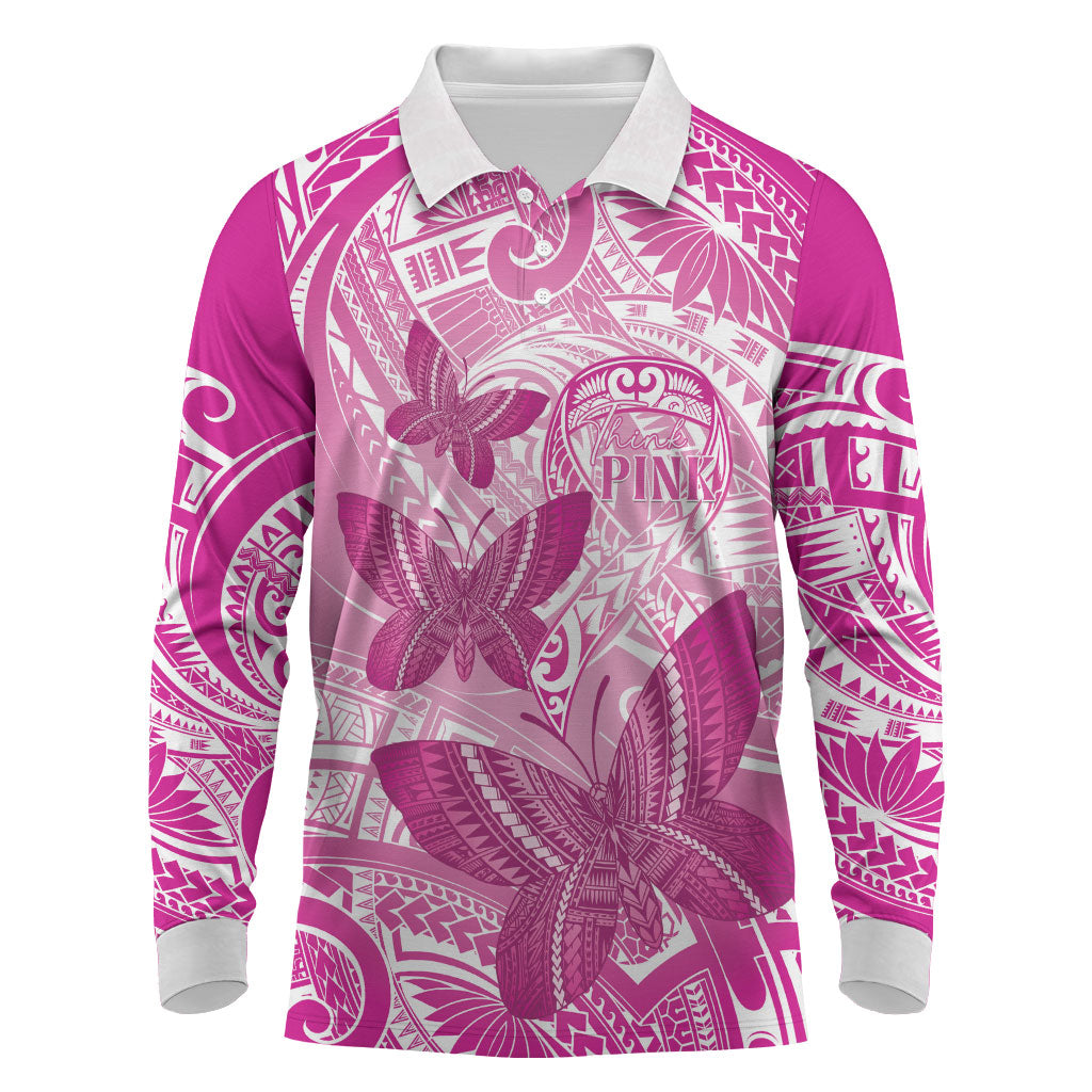 Personalised Polynesia Breast Cancer Support Long Sleeve Polo Shirt Think Pink Ribbon Polynesian Butterflies