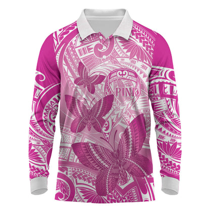 Personalised Polynesia Breast Cancer Support Long Sleeve Polo Shirt Think Pink Ribbon Polynesian Butterflies