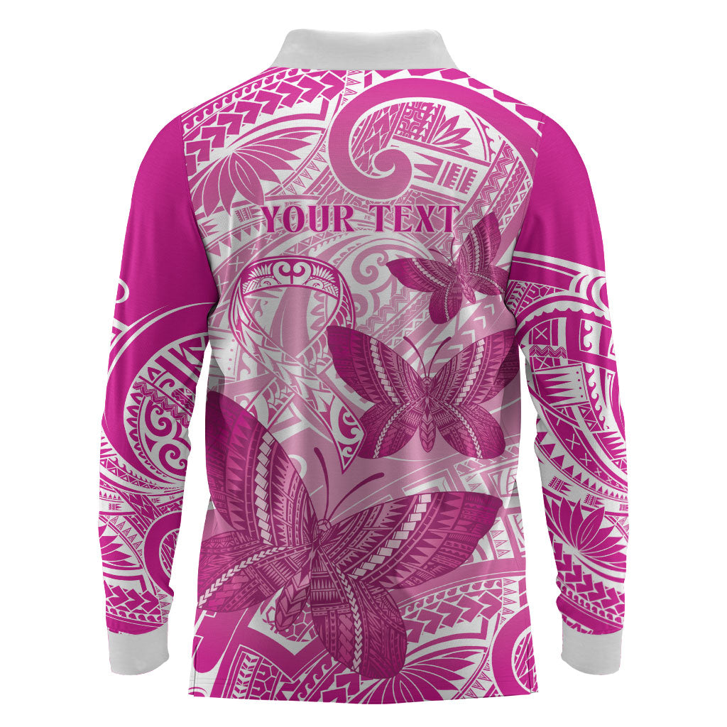 Personalised Polynesia Breast Cancer Support Long Sleeve Polo Shirt Think Pink Ribbon Polynesian Butterflies