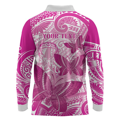 Personalised Polynesia Breast Cancer Support Long Sleeve Polo Shirt Think Pink Ribbon Polynesian Butterflies