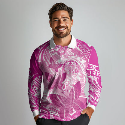 Personalised Polynesia Breast Cancer Support Long Sleeve Polo Shirt Think Pink Ribbon Polynesian Butterflies