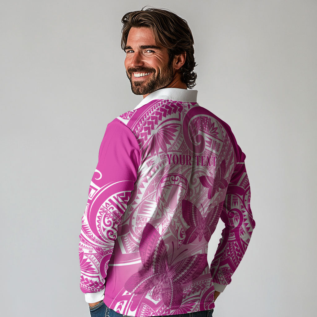 Personalised Polynesia Breast Cancer Support Long Sleeve Polo Shirt Think Pink Ribbon Polynesian Butterflies