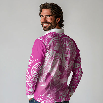 Personalised Polynesia Breast Cancer Support Long Sleeve Polo Shirt Think Pink Ribbon Polynesian Butterflies
