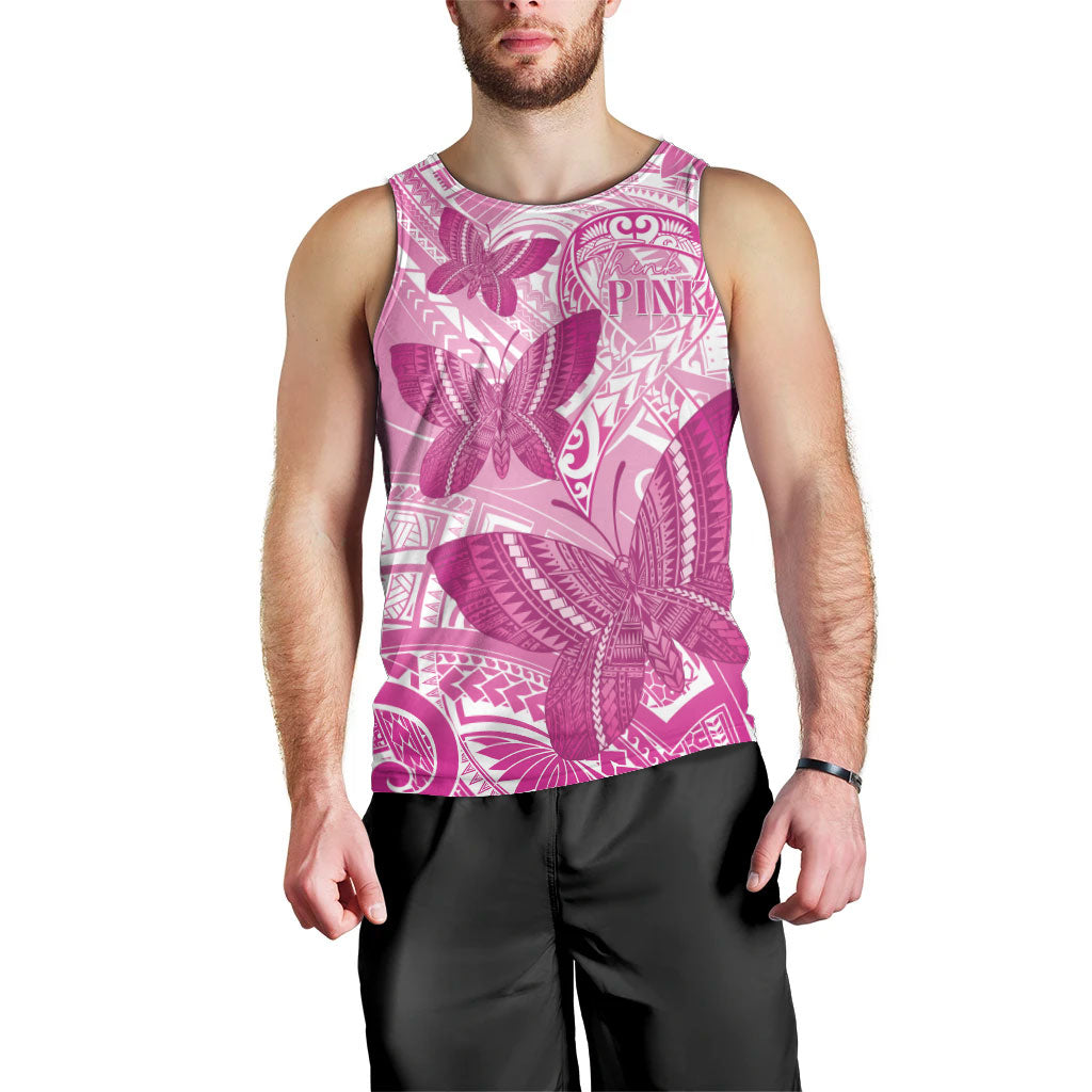 Personalised Polynesia Breast Cancer Support Men Tank Top Think Pink Ribbon Polynesian Butterflies