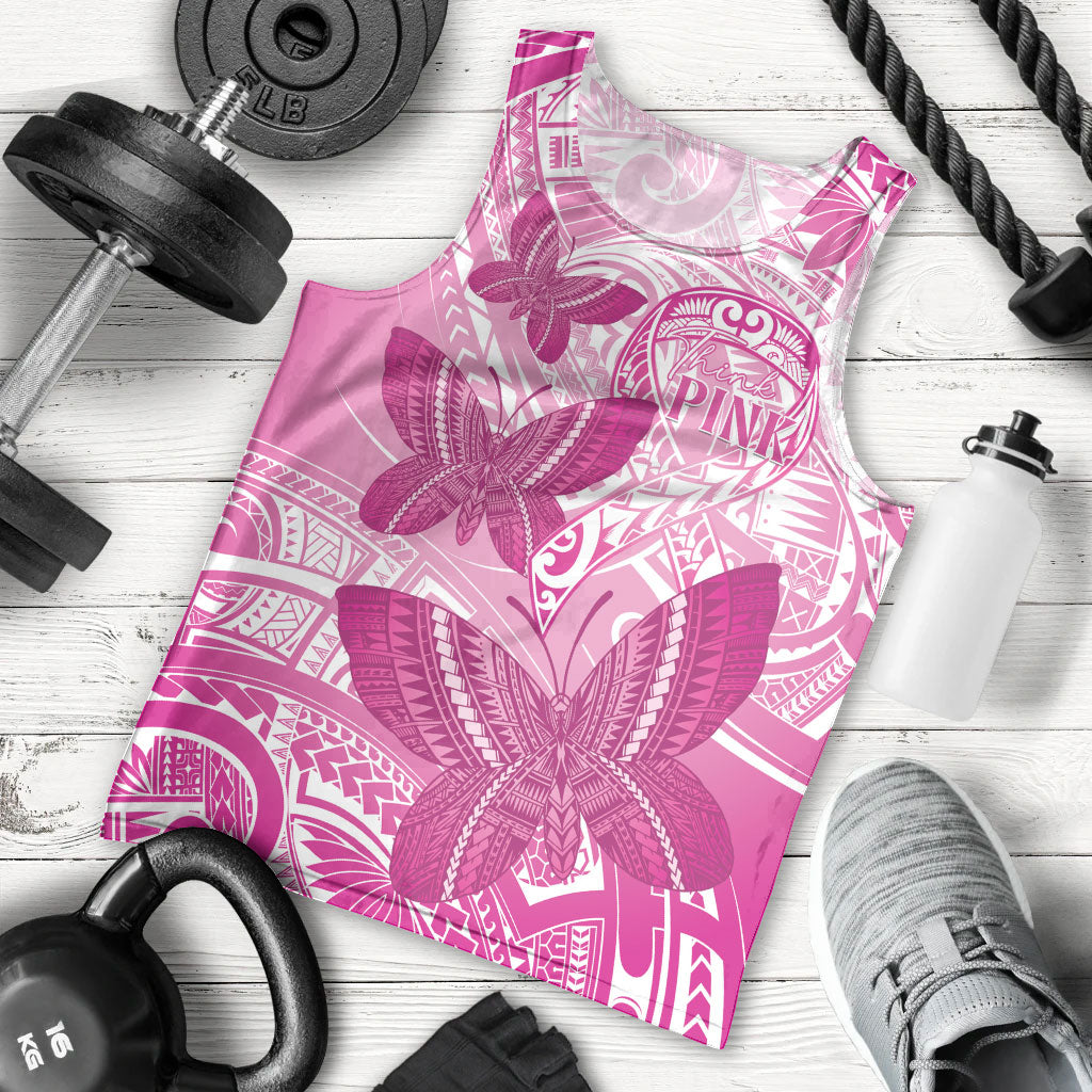 Personalised Polynesia Breast Cancer Support Men Tank Top Think Pink Ribbon Polynesian Butterflies