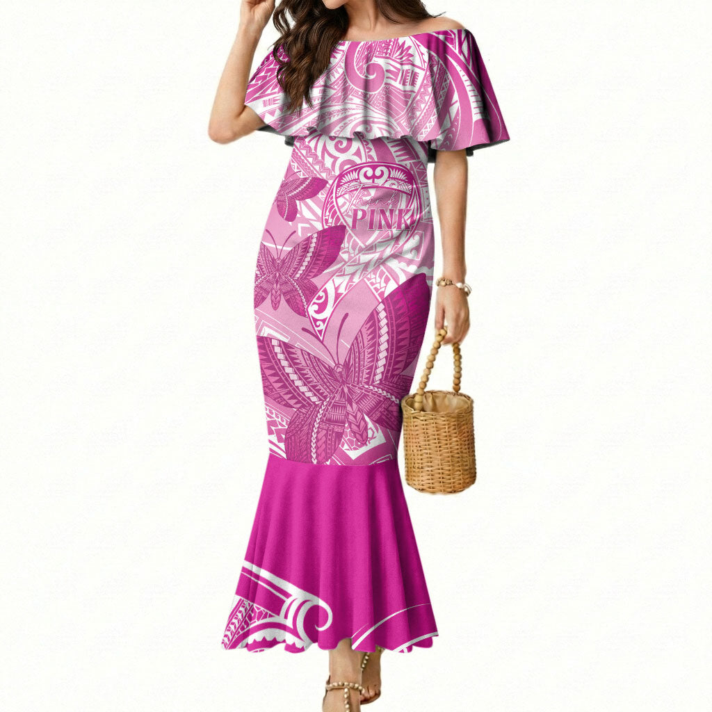 Personalised Polynesia Breast Cancer Support Mermaid Dress Think Pink Ribbon Polynesian Butterflies
