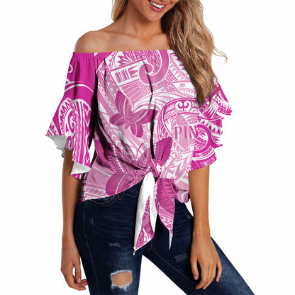 Personalised Polynesia Breast Cancer Support Off Shoulder Wrap Waist Top Think Pink Ribbon Polynesian Butterflies