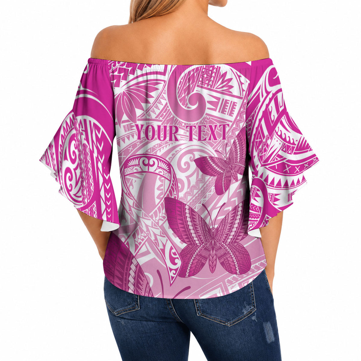 Personalised Polynesia Breast Cancer Support Off Shoulder Wrap Waist Top Think Pink Ribbon Polynesian Butterflies