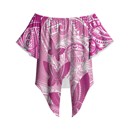 Personalised Polynesia Breast Cancer Support Off Shoulder Wrap Waist Top Think Pink Ribbon Polynesian Butterflies