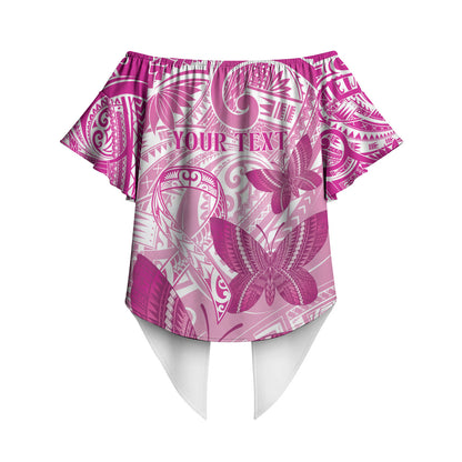Personalised Polynesia Breast Cancer Support Off Shoulder Wrap Waist Top Think Pink Ribbon Polynesian Butterflies