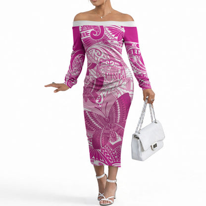 Personalised Polynesia Breast Cancer Support Off The Shoulder Long Sleeve Dress Think Pink Ribbon Polynesian Butterflies