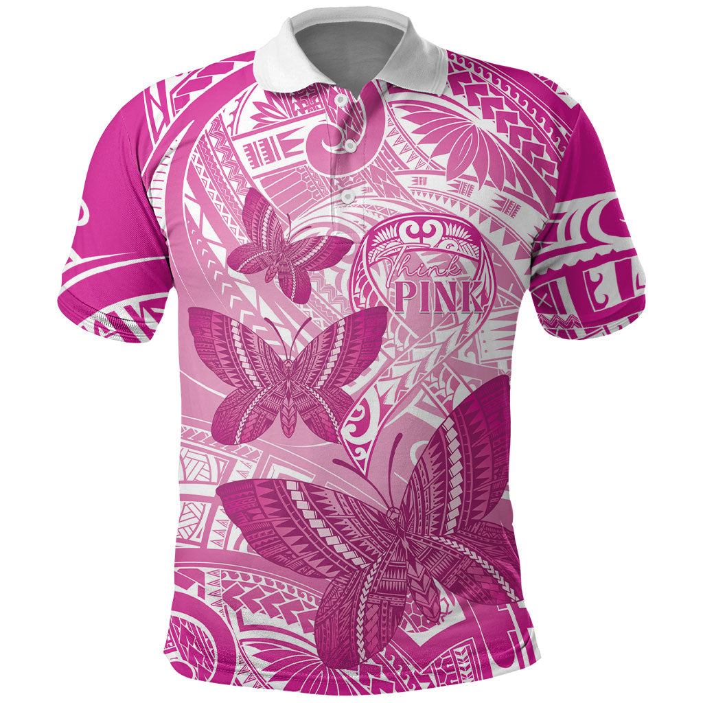 Personalised Polynesia Breast Cancer Support Polo Shirt Think Pink Ribbon Polynesian Butterflies
