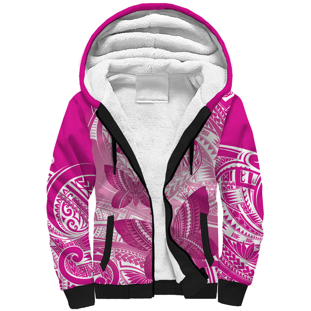 Personalised Polynesia Breast Cancer Support Sherpa Hoodie Think Pink Ribbon Polynesian Butterflies